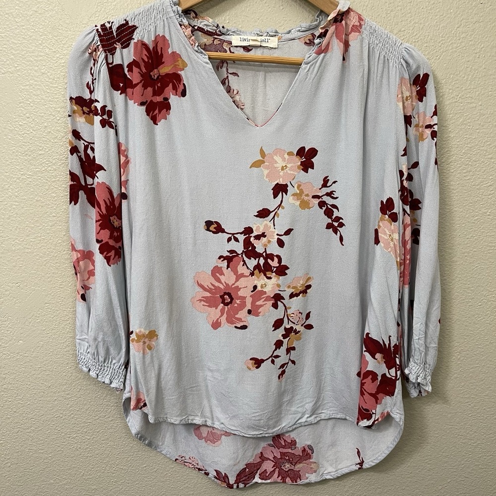 Living Doll Floral Top Blue‎ Pink Ruffle Collar Flowy Romantic Cottagecore Sz M